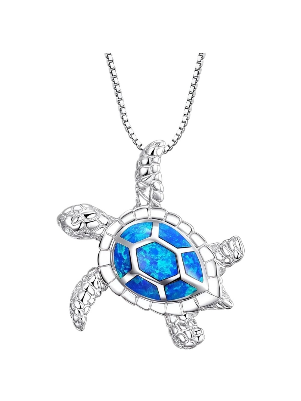 Blue Opal Turtle Pendant Necklace - Women's Silver Tone Jewelry
